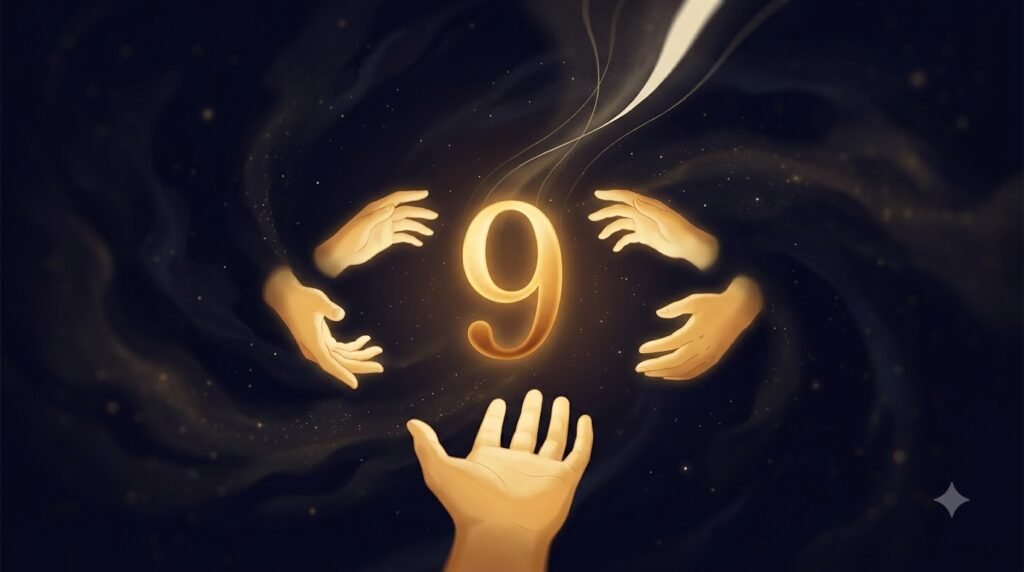 Number 9 numerology — the giver's arc, surrounded by outstretched hands but never touched